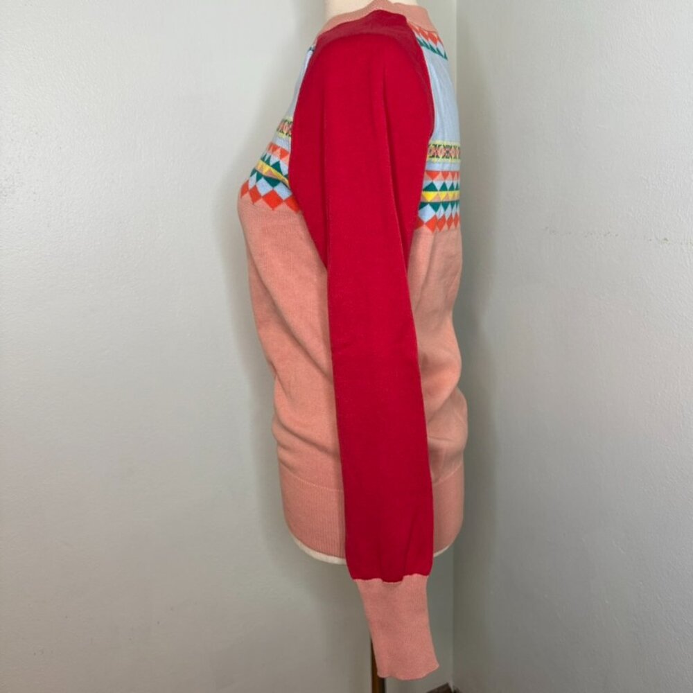 OXKnit Jacquard Fair Isle Yoke Sweater Vintage style Pink Red 100% Cotton Sz M - Picture 9 of 13